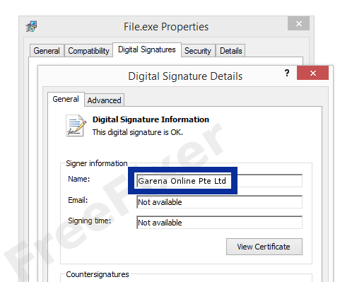 Screenshot of the Garena Online Pte Ltd certificate